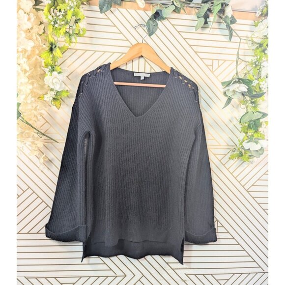 Neiman Marcus Women Black Cashmere Long Slv Slipover Sweater Side Laceup  READ - Picture 1 of 8